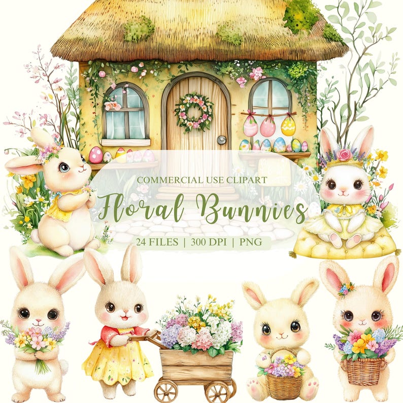 Floral Bunnies Watercolor Clipart, Spring Clipart, Easter Bunny PNG ...
