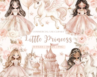 Little Princess Clipart, Pink Princess Clipart, Watercolor Princess Clipart, Unicorn Clipart, Fairytale Clipart, Castle PNG, Royal Clipart