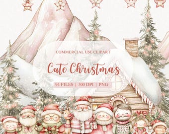 Lindo paquete de imágenes prediseñadas de acuarela navideña, linda familia navideña, lindo Papá Noel, reno, hombre de jengibre, elfo, imágenes prediseñadas de vacaciones de invierno