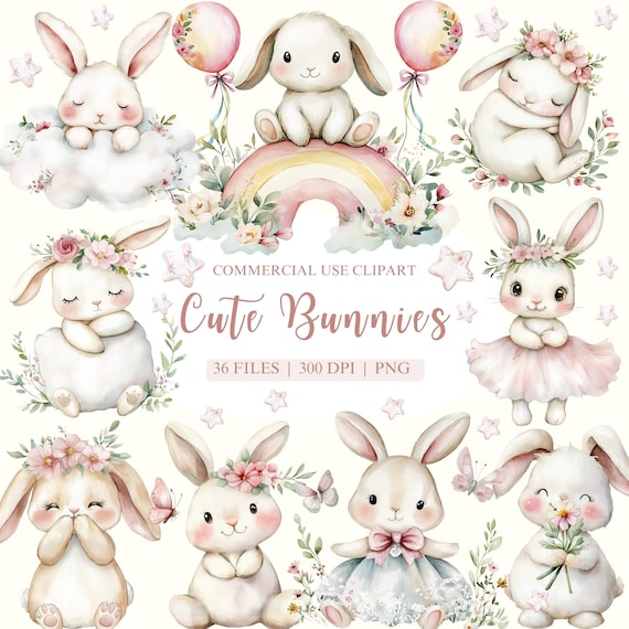 Cute Bunny Clipart, Bunnies and Wildflowers Clipart, Easter Bunny PNG, Easter Clipart, Spring Bunnies, Wildflower PNG, Floral Clipart