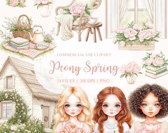 Watercolor Spring Clipart, Peony Clipart, Floral Girl PNG, Cottagecore Clipart, Floral Clipart, Peonies PNG, Easter Clipart, Spring PNG