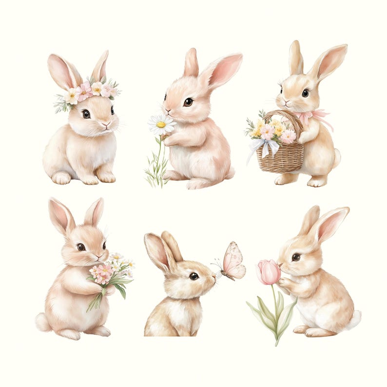 Spring Bunnies Watercolor Clipart, Easter Bunnies Clipart, Bunny PNG ...
