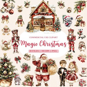 Clipart de Natal Mágico em Aquarela, Clipart de Época de Natal, Natal em Aquarela, Clipart de Quebra-Nozes, Clipart de Rena, Vila de Natal