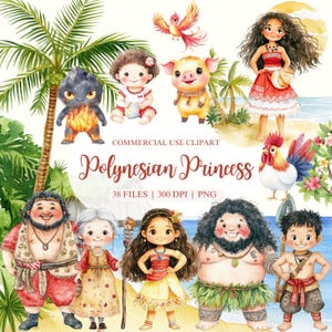 Moana aquarel clipart, Polynesische prinses clipart, Moana verjaardag, Moana PNG, Maui, Hawaiian clipart, kinderkamer clipart, verjaardag clipart