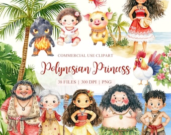 Imágenes prediseñadas de acuarela de Moana, imágenes prediseñadas de princesa polinesia, cumpleaños de Moana, imágenes prediseñadas de Moana, Maui, imágenes prediseñadas hawaianas, imágenes prediseñadas de guardería, imágenes prediseñadas de cumpleaños