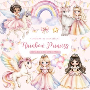 Regenbogen Prinzessin Aquarell Clipart, Fee Clipart, Fee PNG, Regenbogen Einhorn PNG, Prinzessin Geburtstag Clipart, Einhorn Clipart, Prinzessin PNG