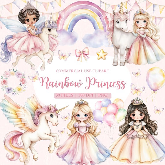 Rainbow Princess Watercolor Clipart, Fairy Clipart, Fairy PNG, Rainbow Unicorn PNG, Princess Birthday Clipart, Unicorn Clipart, Princess PNG