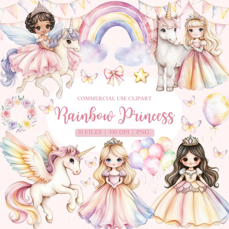 Puede incluir: Un conjunto de 30 im&aacute;genes de clipart digitales que presentan un arco&iacute;ris, unicornios y princesas. Las im&aacute;genes est&aacute;n en un estilo de acuarela y son perfectas para crear invitaciones, tarjetas y otras manualidades.