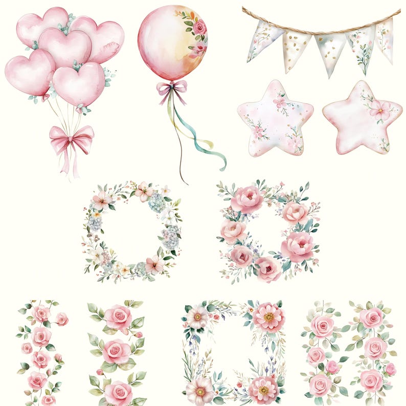 May include: A set of watercolor illustrations featuring pink hearts, a balloon, stars, floral wreaths, and floral borders. The illustrations are perfect for adding a touch of whimsy and romance to any project.