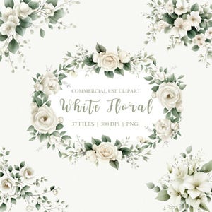 White Floral Clipart, Floral Frame Clipart, Watercolor Flowers, White Rose Clipart, White Peony PNG, Wedding Flower Clipart, Floral Border