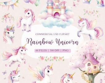 Clipart de acuarela de unicornio arcoíris, unicornio PNG, unicornio arcoíris PNG, clipart de castillo, clipart de cumpleaños de unicornio, clipart de primer cumpleaños