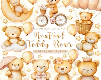May include: A set of 30 digital clipart images featuring cute teddy bears in various poses. The bears are all neutral colored with brown fur and have different accessories, such as a crown, a flower, a gift, and an umbrella. The images are perfect for creating invitations, cards, and other craft projects.