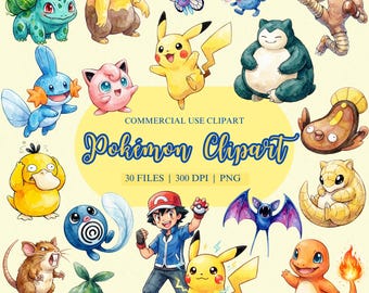 30 imágenes prediseñadas de Pokémon en acuarela, paquete de imágenes PNG de Pokémon, Pikachu PNG, imágenes prediseñadas de anime, Ash Ketchum, Jigglypuff, Pidgeot
