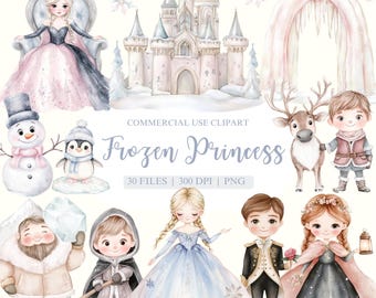 May include: A set of 30 digital clipart images featuring a watercolor illustration of a frozen princess theme. The set includes a princess, a prince, a snowman, a penguin, a reindeer, a castle, a frozen archway, and other winter-themed elements. The images are perfect for creating invitations, cards, party decorations, and other craft projects.