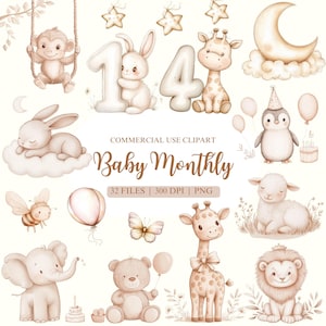 Clipart d'étape mensuelle bébé, clipart anniversaire, clipart bébé étape importante, des cliparts chiffres, des cliparts animaux, décoration chambre d'enfant PNG, ballons PNG