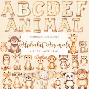 Animal Alphabet Watercolor Clipart, Animals A to Z, Alphabet PNG, Numbers Clipart, Safari Animals PNG, Cute Animal Clipart, Woodland Nursery