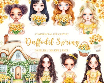 Clipart de narciso en acuarela, clipart de primavera, clipart de niña de primavera, clipart de narciso de primavera, primavera cottagecore, clipart de Pascua, PNG de primavera