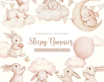 Watercolor Bunny Clipart, Bunny PNG, Sleeping Bunny PNG, Boho Bunny, Rabbit Clipart, Easter Bunny PNG, Bunny Baby Shower, Birthday Clipart