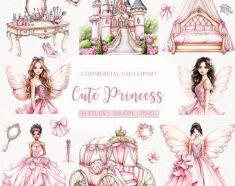 Cute Princess Watercolor Clipart, Pink Princess, Fairytale Clipart, Royal Clipart, Princess Castle Clipart, Princess PNG, Princess Nursery