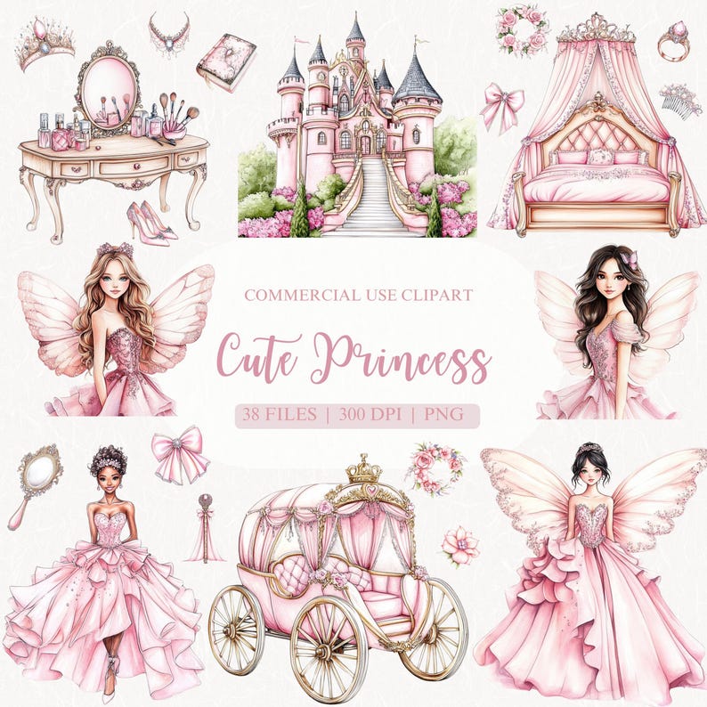 Cute Princess Watercolor Clipart, Pink Princess, Fairytale Clipart ...