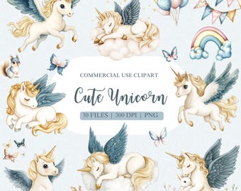 Watercolor Cute Unicorn Clipart, Unicorn PNG, Magic Unicorn Clipart, Unicorn Birthday Clipart, First Birthday, Rainbow Clipart, Nursery PNG