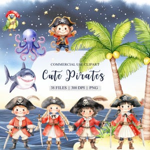 Aquarel piraten clipart, schattige piraat png, schatkist clipart, piratenschip, Caribische clipart, piraat jongen en meisje, avontuur clipart