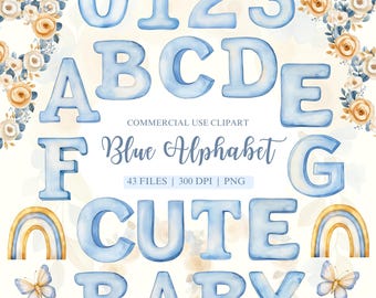 Clipart de acuarela del alfabeto azul, hito mensual del bebé, alfabeto PNG, clipart de números, alfabeto azul, clipart preescolar, clipart de bebé niño