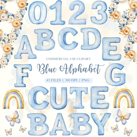 Blue Alphabet Watercolor Clipart, Baby Monthly Milestone, Alphabet PNG, Numbers Clipart, Blue Alphabet, Preschool Clipart, Baby Boy Clipart