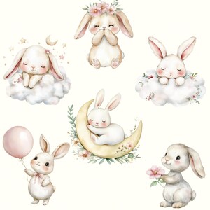 May include: Six watercolor illustrations of cute bunnies in various poses. One bunny is wearing a flower crown and holding its paws together. Another bunny is sleeping on a crescent moon. Two bunnies are sleeping on clouds. One bunny is holding a pink balloon. One bunny is holding a pink flower.