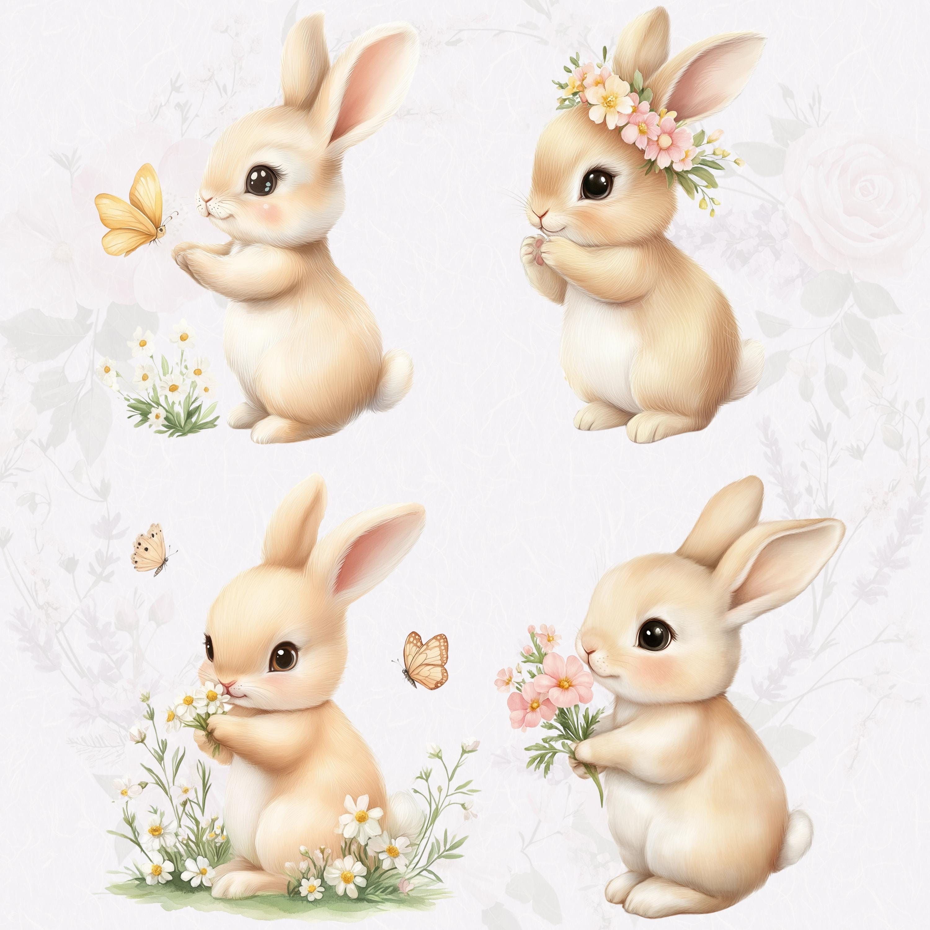 Wildflowers and Bunnies Clipart, Floral Bunnies Watercolor Clipart ...