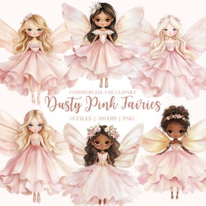 Puede incluir: Conjunto de 18 ilustraciones digitales de hadas con vestidos y alas de color rosa polvoriento. Las hadas tienen diferentes colores y estilos de cabello, y algunas llevan coronas de flores. Las ilustraciones están en un estilo de acuarela y son perfectas para crear diseños caprichosos.
