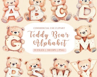 Teddy Bear Alphabet Clipart, Watercolor Animal Alphabet Clipart, Alphabet PNG, ABC Clipart, Teddy Bear PNG, Letter Clipart, Number Clipart