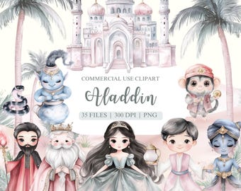 Imágenes prediseñadas de acuarela de Aladino, princesa Jazmín, genio PNG, palacio PNG, imágenes prediseñadas árabes, imágenes prediseñadas de fantasía, imágenes prediseñadas de cuentos de hadas, uso comercial