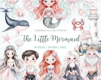 May include: A set of 30 digital clip art images featuring a whimsical underwater theme. The illustrations include mermaids, a whale, a seahorse, a crab, a lighthouse, and other ocean-themed elements. The images are perfect for creating invitations, cards, scrapbook pages, and other craft projects.