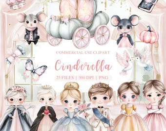 Clipart de acuarela de Cenicienta, Princesa Cenicienta PNG, Clipart de cuento de hadas, Clipart de niña, Cumpleaños de Cenicienta, Clipart de guardería