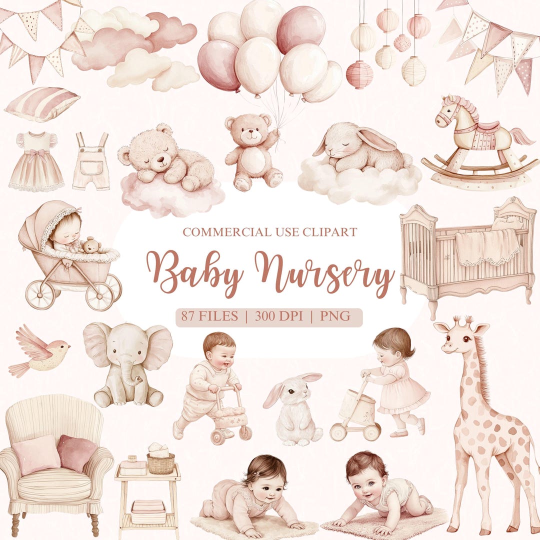 Watercolor Baby Nursery Clipart, Gender Neutral Baby Shower Clipart ...