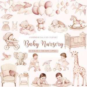 Watercolor Baby Nursery Clipart, Gender Neutral Baby Shower Clipart, Teddy Bear Clipart, Newborn Clipart, Boho Baby Clipart, Baby Animal PNG
