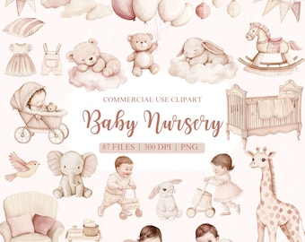 Watercolor Baby Nursery Clipart, Gender Neutral Baby Shower Clipart, Teddy Bear Clipart, Newborn Clipart, Boho Baby Clipart, Baby Animal PNG