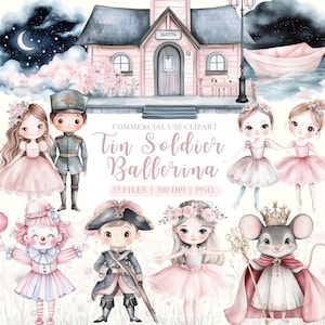 Soldado de chumbo e bailarina clipart, quebra-nozes clipart, bailarina png, clipart de fantasia, clipart de conto de fadas, clipart de berçário, soldado de brinquedo png