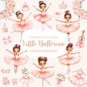Clipart di piccola ballerina ad acquerello, ballerina nera, clipart del lago dei cigni, clipart di balletto, fiori rosa, PNG di ballerina rosa, PNG di balletto carino
