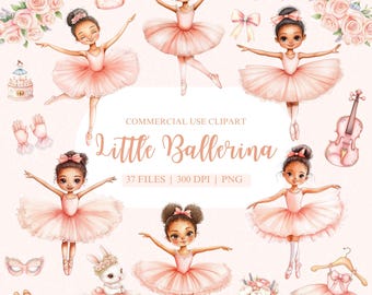 Watercolor Little Ballerina Clipart, Black Ballerina, Swan Lake Clipart, Ballet Clipart, Pink Flowers, Pink Ballerina PNG, Cute Ballet PNG
