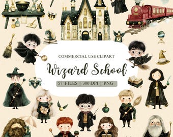 Puede incluir: Un conjunto de 57 imágenes de clipart de acuarela con un tema de escuela de magia. Las imágenes incluyen un castillo, estudiantes, búhos y otros objetos mágicos. El texto "COMMERCIAL USE CLIPART Wizard School 57 FILES | 300 DPI | PNG" está incluido en la imagen.