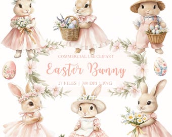 Watercolor Easter Bunny Clipart, Easter Clipart, Easter Eggs, Spring Clipart, Pink Bunnies Clipart, Easter PNG, Easter Bunny, Floral Clipart