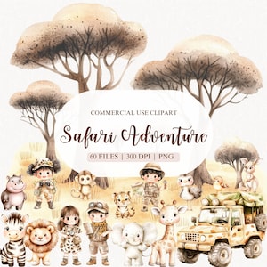 Clipart chambre d'enfant Safari aquarelle, aventure Safari, explorateurs safari, aquarelle mignon animal, animal de la jungle PNG, bébés animaux Safari