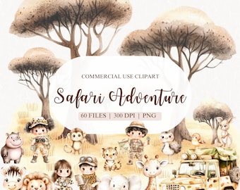 Watercolor Safari Nursery Clipart, Safari Adventure, Safari Explorers, Cute Watercolor Animal, Jungle Animal PNG, Safari Baby Animals
