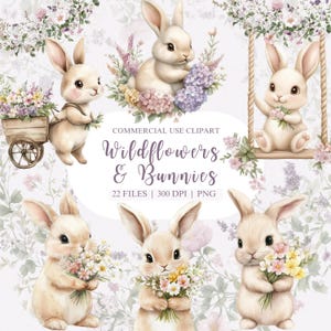 Wildblumen und Hasen Clipart, Blumenhasen Aquarell Clipart, Wildblumen Clipart, Frühling Bunnies Clipart, Osterhase PNG, Ostern PNG