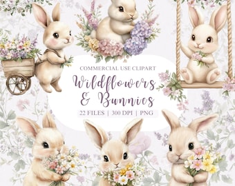 Wildflowers and Bunnies Clipart, Floral Bunnies Watercolor Clipart, Wildflower Clipart, Spring Bunnies Clipart, Easter Bunny PNG, Easter PNG