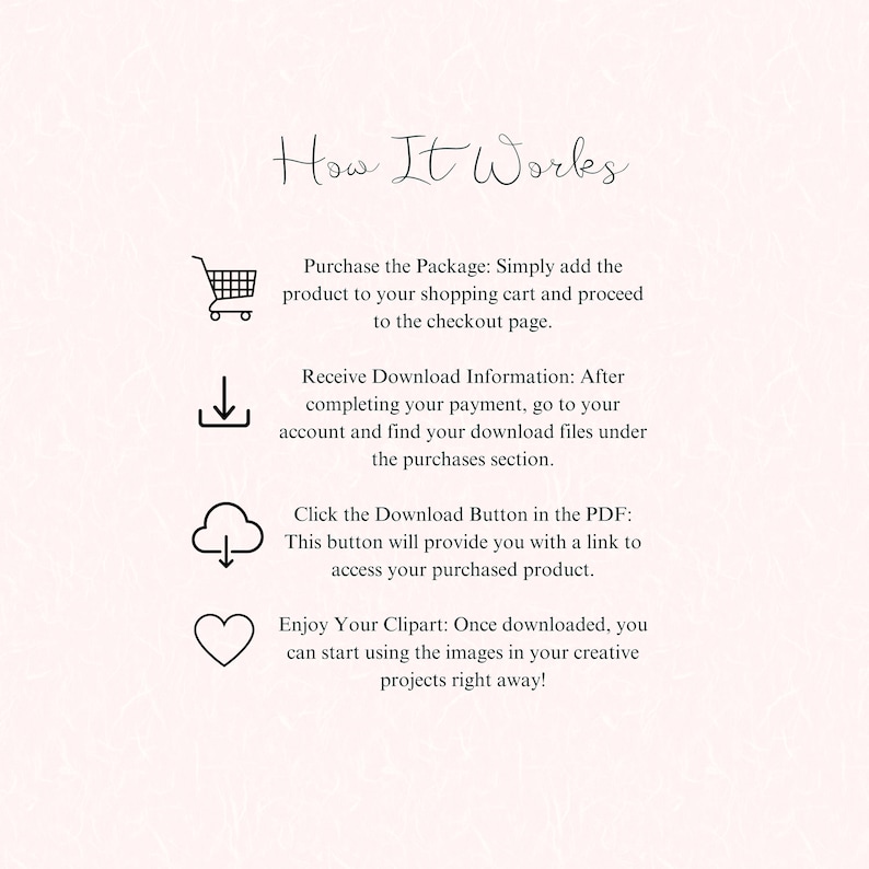 Puede incluir: Un fondo blanco con texto negro que explica c&oacute;mo comprar y descargar im&aacute;genes predise&ntilde;adas digitales. El texto incluye las palabras "How It Works", "Purchase the Package", "Receive Download Information", "Click the Download Button" y "Enjoy Your Clipart".
