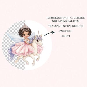 Puede incluir: Una imagen de clipart digital de una ni&ntilde;a con piel morena y una corona montando un unicornio blanco con acentos morados y azules. La ni&ntilde;a lleva un vestido rosa y tiene alas. El fondo es transparente.