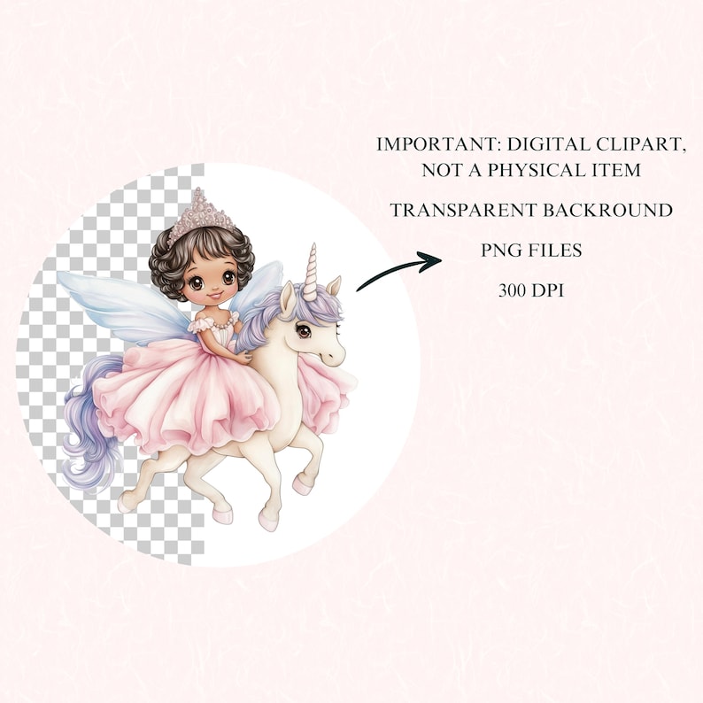 Puede incluir: Una imagen de clipart digital de una ni&ntilde;a con piel morena y una corona montando un unicornio blanco con acentos morados y azules. La ni&ntilde;a lleva un vestido rosa y tiene alas. El fondo es transparente.